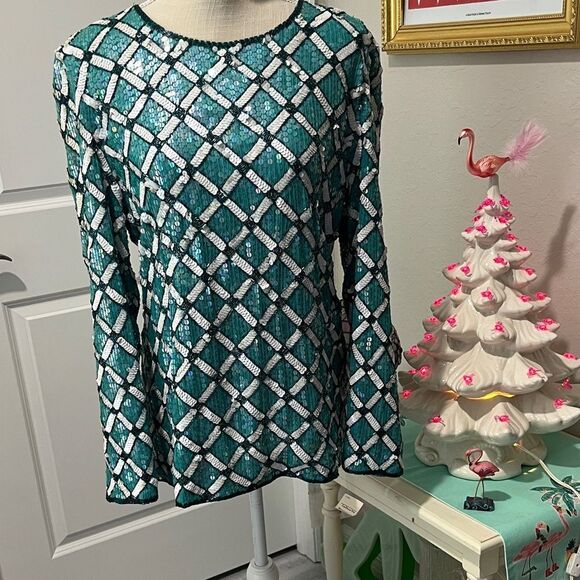 Talbots Joan Leslie Teal and Silver Silk Sequin Blouse Vintage NWT w Repair Kit - Picture 9 of 10